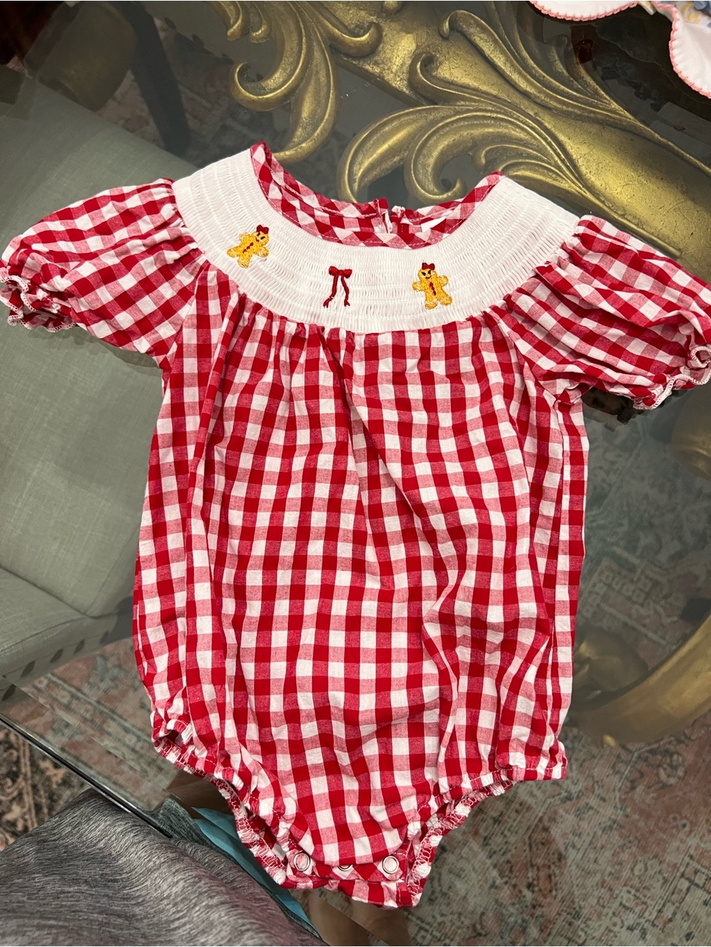 Red and White Gingham Baby One-Piece with Smocked Collar gingerbread